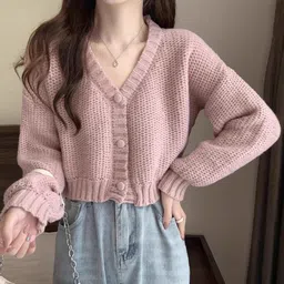 StyleCast x Revolte Women V-Neck Front-Open Crop Sweaters-image-34