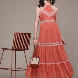 Label Ritu Kumar Embroidered Halter Neck Georgette Maxi Dress-picture-6