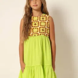 VERO MODA GIRL Lime Green & Brown Cotton Printed Dress-picture-39
