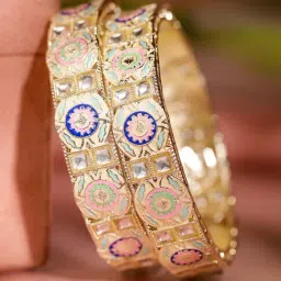 Rubans Gold Enamel & Kundan Stone-Studded Handcrafted Classic Bangle - Set of 2 image 3