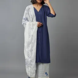 W White & Blue Cotton Printed Dupatta image 2