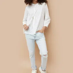 Fame Forever By Lifestyle Off White Cotton Regular Fit Embroidered Top image 4