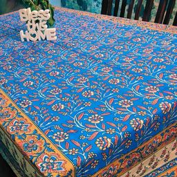 TheYUGO Blue Floral Anti-Slip Cotton 6-Seater Table Cover with Textured details-picture-1