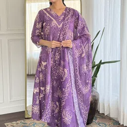 KALINI Floral Printed V-Neck Thread Work A-Line Kurta With Trousers And Dupatta-picture-29