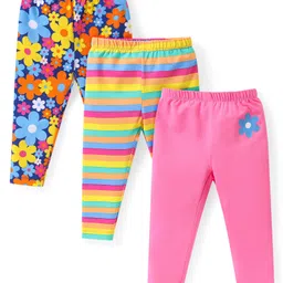Babyhug Cotton Knit  Full Length  Leggings with Striped and Floral Print Pack of 3 - Multicolour-picture-17
