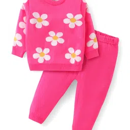 Babyhug Knit Full Sleeves Sweater Set  with Floral Design - Pink-picture-28