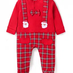 Babyhug Cotton Knit Full Sleeves Sleep Suit With Bow Applique & Santa Claus Patch - Red-picture-27