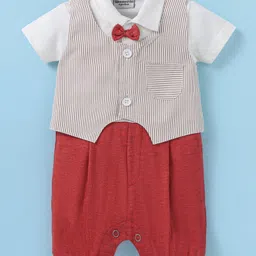 Wonderchild Half Sleeves Striped Romper With Bow - White & Rust Orange-picture-24