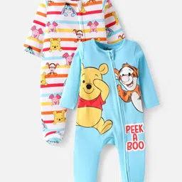 babyhug disney Babyoye Disney Interlock Knit Full Sleeves Footed Sleep Suits With Winnie & Friends Graphic Pack Of 2 - White & Light Blue-picture-13