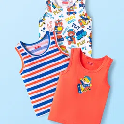 Babyhug 100% Cotton Knit Sleeveless Sandos With Stripes & Cub Print Pack of 3 - Blue Red & White-picture-36