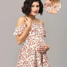 The Mom Store Cotton Cold Shoulder Sleeves Floral Printed Maternity Top With Nursing Access - Multi Colour-image-42