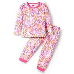 Babyhug Cotton Knit Full sleeves Co-ords Night Suit With Heart Print - Pink-picture-21