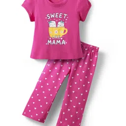 Babyhug Cotton Knit Half Sleeves Capri Night Suit With Text Print - Pink-picture-24