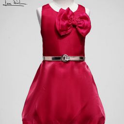 arias by lara dutta Arias Woven Sleeveless Balloon Hem Party Dress With Bow Applique & Belt - Red-picture-0