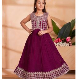Aarika Georgette Woven Sleeveless Floral Embroidered & Mirror Work Detailed Gown - Purple-picture-23