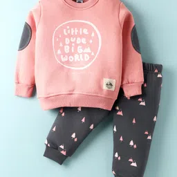 Teddy Fleece Knit Full Sleeves Text Printed Winter Night Suit - Light Red-picture-23