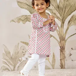 Vastramay Cotton Woven Three Fourth Sleeves Floral Printed Lace Embellished Kurta With Leggings - Aqua Blue-picture-22