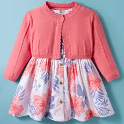 ToffyHouse Cotton Woven Peter Pan Collar Front Open Frock With Full Sleeves Shrug & Floral Print - White-picture-12