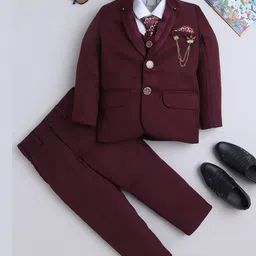 BT DEZINES Cotton Blend Woven Full Sleeves Solid 4 Piece Party Suit Set With Tie - Maroon-picture-26