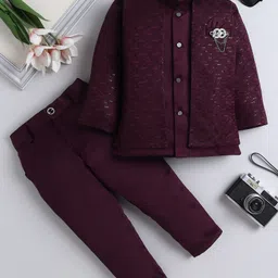 Fourfolds Jacquard Woven Full Sleeves Abstract Embroidered Sequins Embellished Sherwani With Pant & Jacket Set - Wine-picture-11