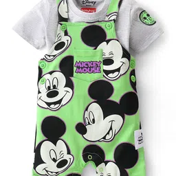 Babyhug Disney Cotton Knit Dungaree With Half Sleeves T- Shirt And Mickey Mouse Print - Green image 2