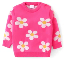 Babyhug Knit Full Sleeves Sweater Set  with Floral Design - Pink image 2