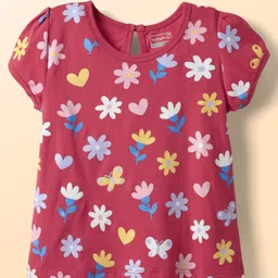 Babyhug Cotton Knit Half Sleeves T-Shirts with Floral Text & Rainbow Print Pack of 3 - Pink Red & Navy Blue image 4