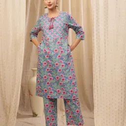 Zelena Floral Cotton Kurta With Pant - Zip Feeding, Postpartum Wear - Sky Blue-image-27