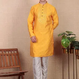 Koshin Floral Woven Design Long Sleeves Mirror Work Jacquard Art Silk Straight Kurta-image-9