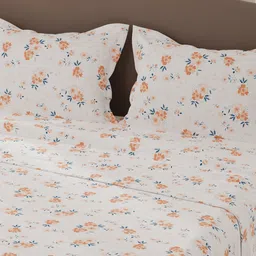 Layers White & Orange Floral Pure Cotton 140 TC Double Queen Bedsheet Set-2.54 m x 2.24 m image 5