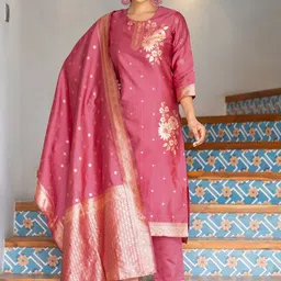 KALINI Floral Woven Design Round Neck Straight Kurta With Trouser And Dupatta-picture-26