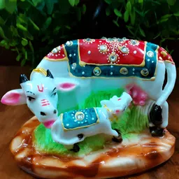 Afterstitch Blue & Red Cow Calf Birds And Animals Idol Showpiece-image-22