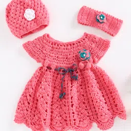 USHA ENTERPRISES Short Sleeves Crochet Baby Dress With Cap & Booties - Pink-picture-28