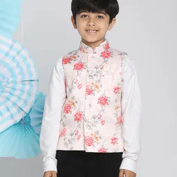 Vastramay Sleeveless Flower Print Nehru Jacket  - Peach-picture-11