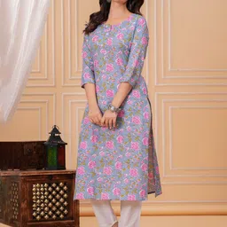 INAVISH Floral Printed Notch Neck Three-Quarter Sleeves Straight Kurta-picture-35