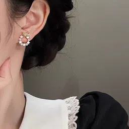 PolluxCraft Gold-Plated Artificial Stones Studded & Beaded Circular Shaped Korean Studs image 2