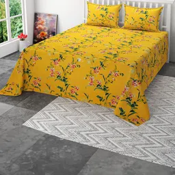 CLIO'S HERITAGE STORE Yellow & Green Floral 210 TC Queen Bedsheet with 2 Pillow Covers-image-42