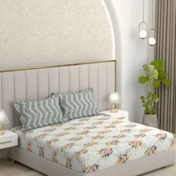 Pure Decor White & Pink Floral 200 TC Queen Bedsheet with 2 Pillow Covers-image-61