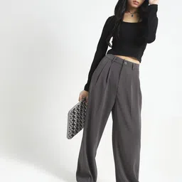 Sera Women Smart Flared High-Rise Pleated Korean Pants With Belt image 4