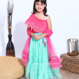 Babyhug Sleeveless Choli with Sequin Lehenga & Dupatta Set - Pink Blue image 2
