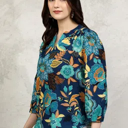 Vishudh Women Floral Printed Mandarin Collar Bishop Sleeves Cotton Top image 2