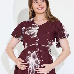 QUIRA Floral Printed Flared Sleeve Maternity Maxi Dress image 5