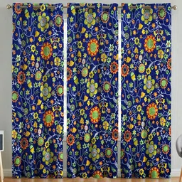 ANA Blue & Yellow 3 Pieces Floral Printed Cotton Room Darkening Long Door Curtain-image-8