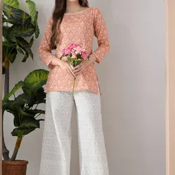 HARIKS Embroidered Printed Round Neck Top With Palazzos Co-Ords image 5