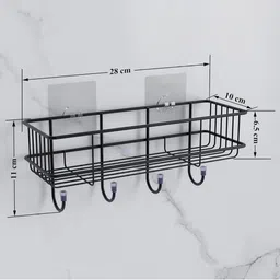 M Y Iron Coating Self-Adhesive Black Metal Wall Shelf with Keyholders image 3