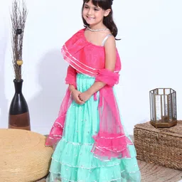 Babyhug Sleeveless Choli with Sequin Lehenga & Dupatta Set - Pink Blue image 3