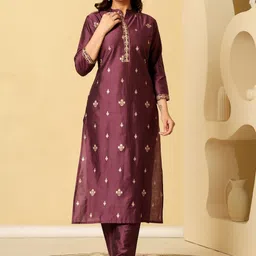 SUAAC Ethnic Motifs Embroidered Band Collar Thread Work Kurta With Trousers image 2
