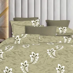 Sleeping Owls Green & White Floral 144 TC Queen Bedsheet with 2 Pillow Covers-image-93