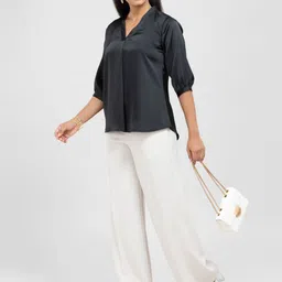 D'Almirah Women Solid Pleated V Neck Satin Top-picture-20