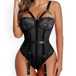 VAGHBHATT Teddy Lingerie with Garter Belt One Piece Lingerie Naughty Strappy Lace Babydoll-picture-38